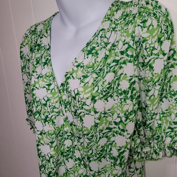 INC Faux Wrap Top Womens Size Medium Green White Side Tie - Picture 4 of 8
